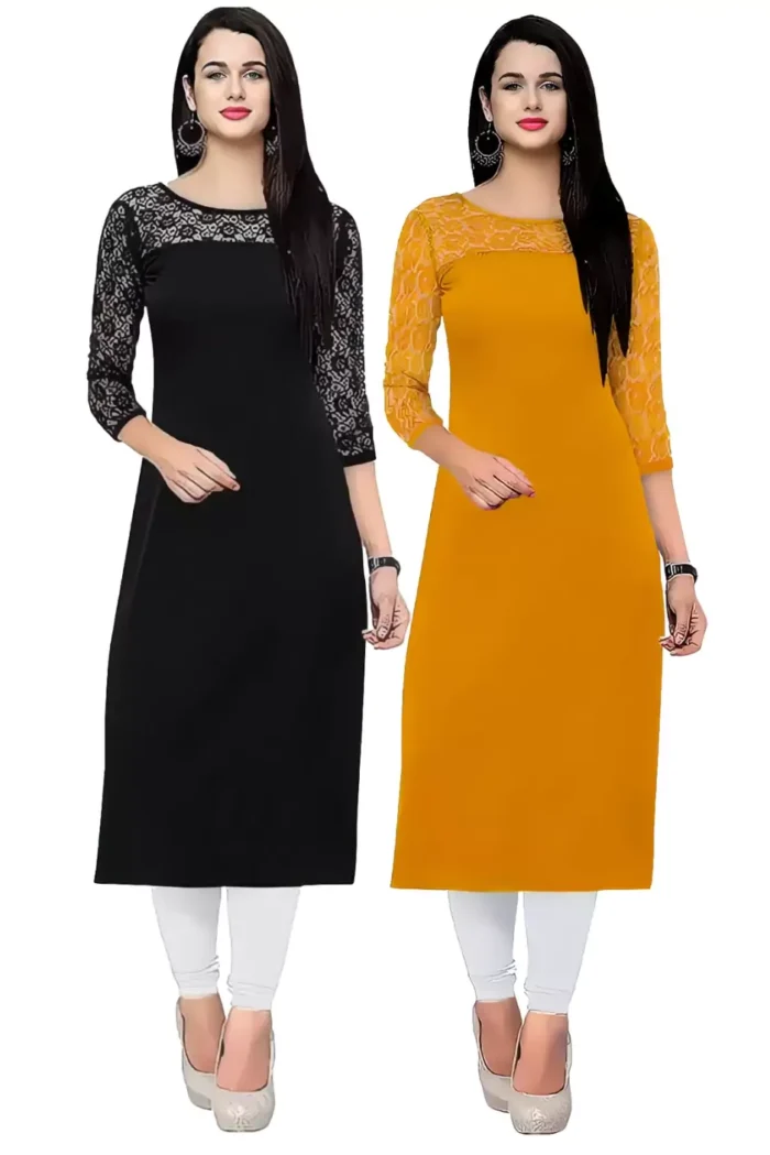 zelzis women crepe straight black & yellow combo kurtis