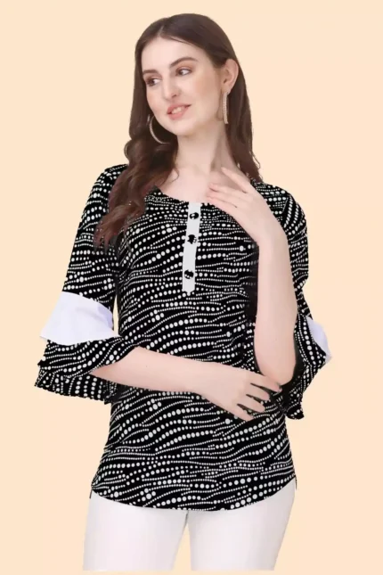 zelzis women crepe black bell sleeve white dot casual tunic tops