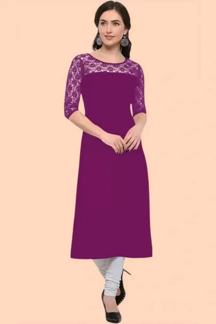 zelzis women crepe aline office wear plain purple kurtis