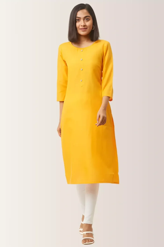 zelzis women pure cotton yellow straight kurti with pocket
