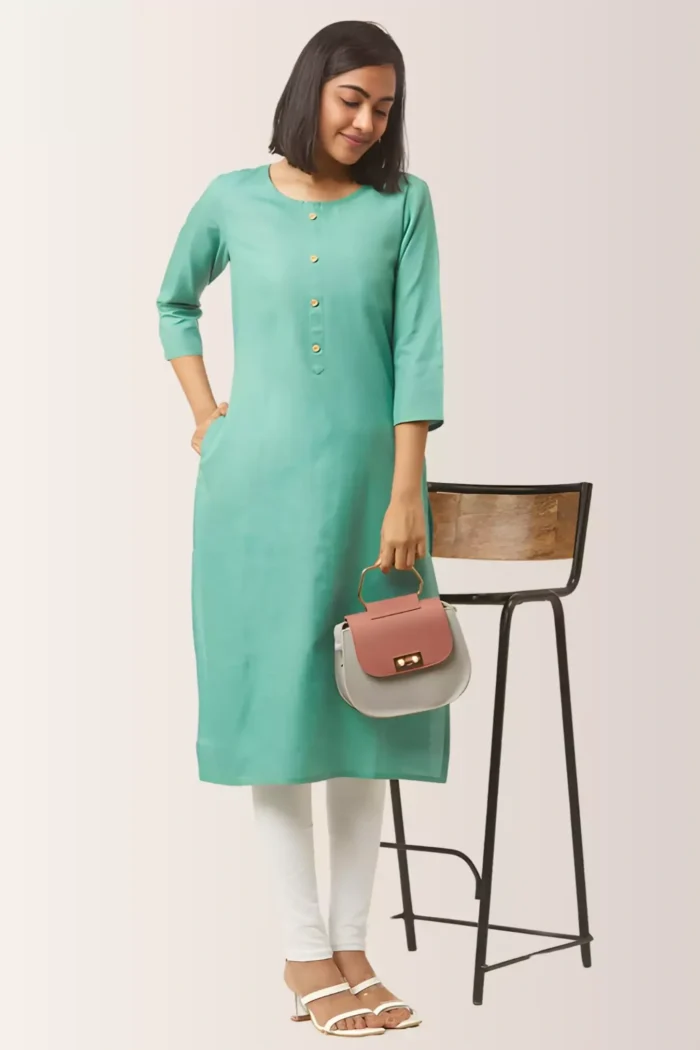 zelzis women pure cotton light green straight kurti with pocket