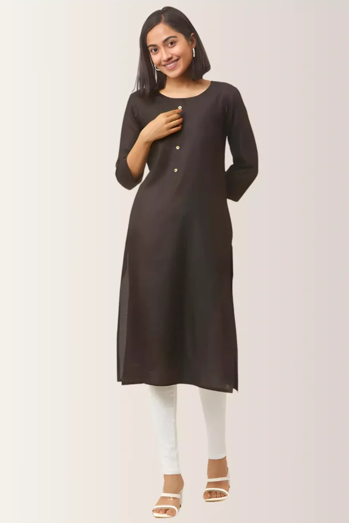 zelzis women pure cotton black straight kurti with pocket