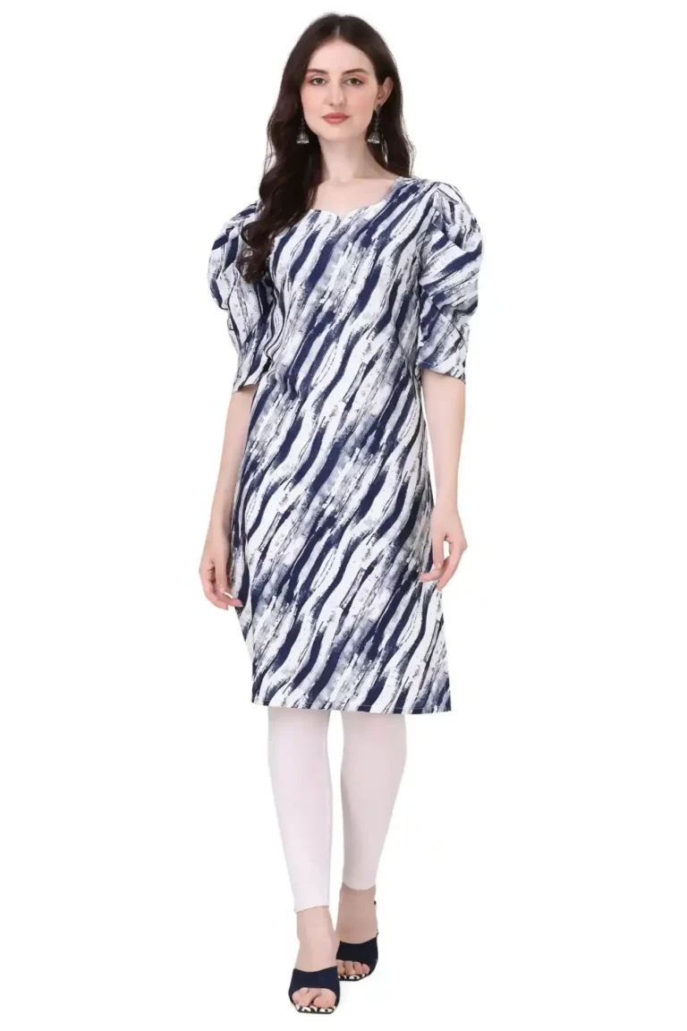 zelzis women crepe colour mix puff sleeve aline blue kurtis