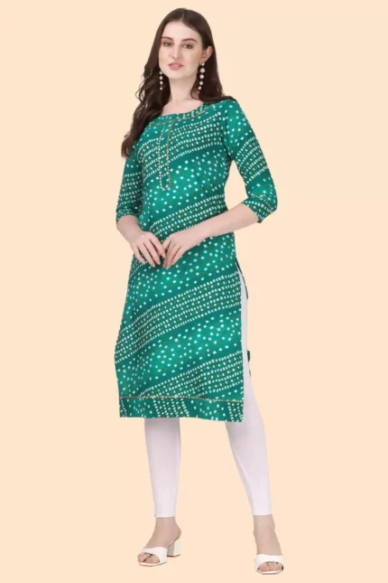 zelzis women crepe bandhni office wear green kurtis