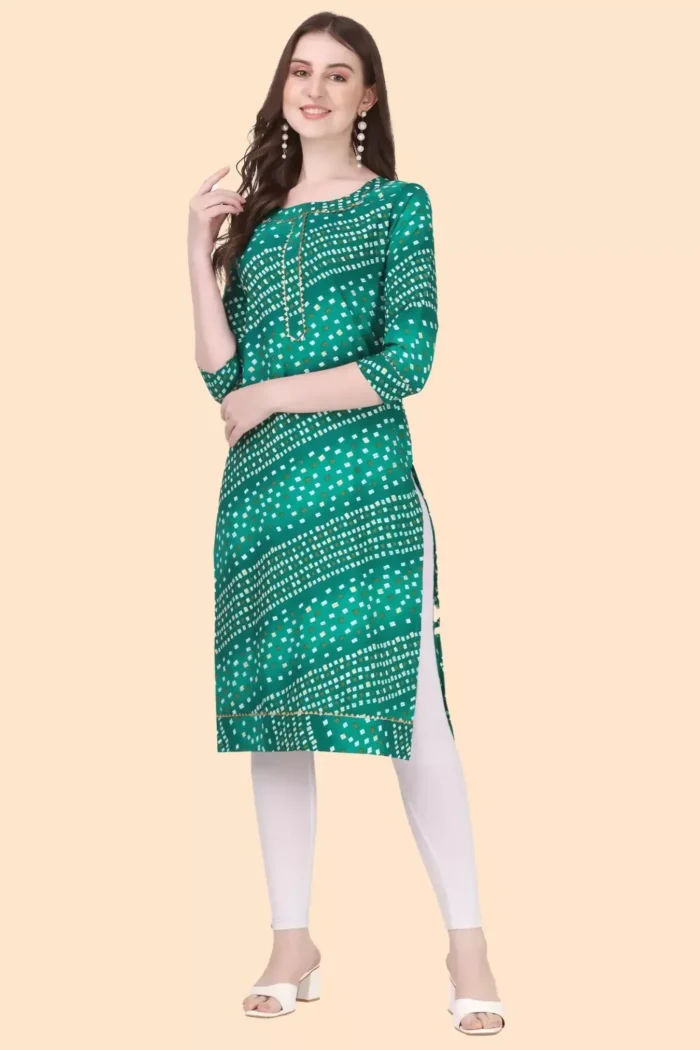 zelzis women crepe bandhni office wear green kurtis