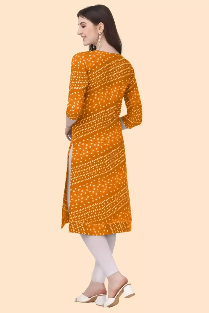 zelzis women crepe bandhni office wear yellow kurtis