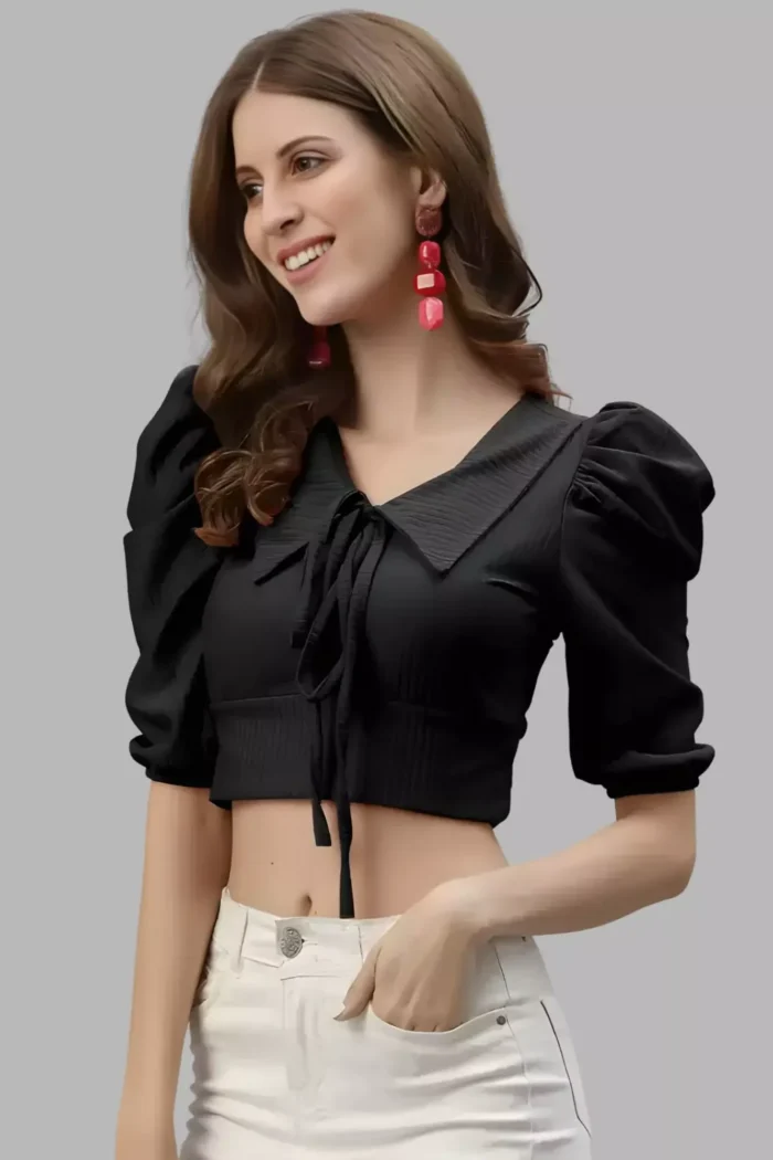 zelzis women polyester stylish black crop top with tie-up coller