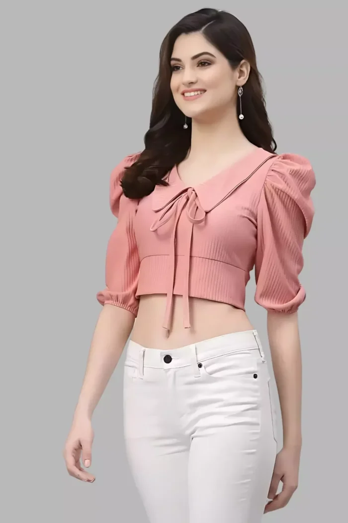 zelzis women polyester stylish pink crop top with tie-up coller