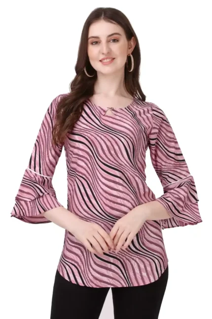 zelzis women crepe stripe peach tunic tops with bell sleeve
