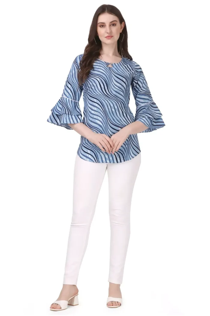 zelzis women crepe stripe blue tunic tops with bell sleeve