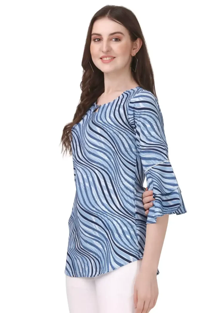 zelzis women crepe stripe blue tunic tops with bell sleevea