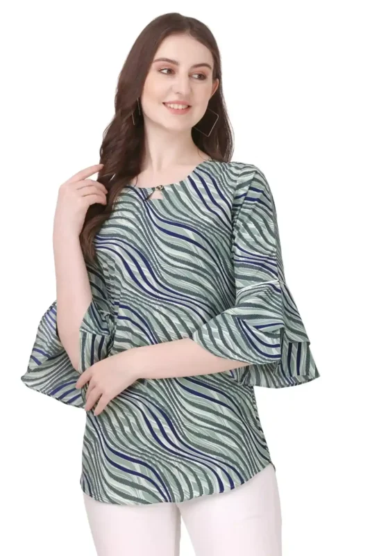 zelzis women crepe stripe green tunic tops with bell sleeve