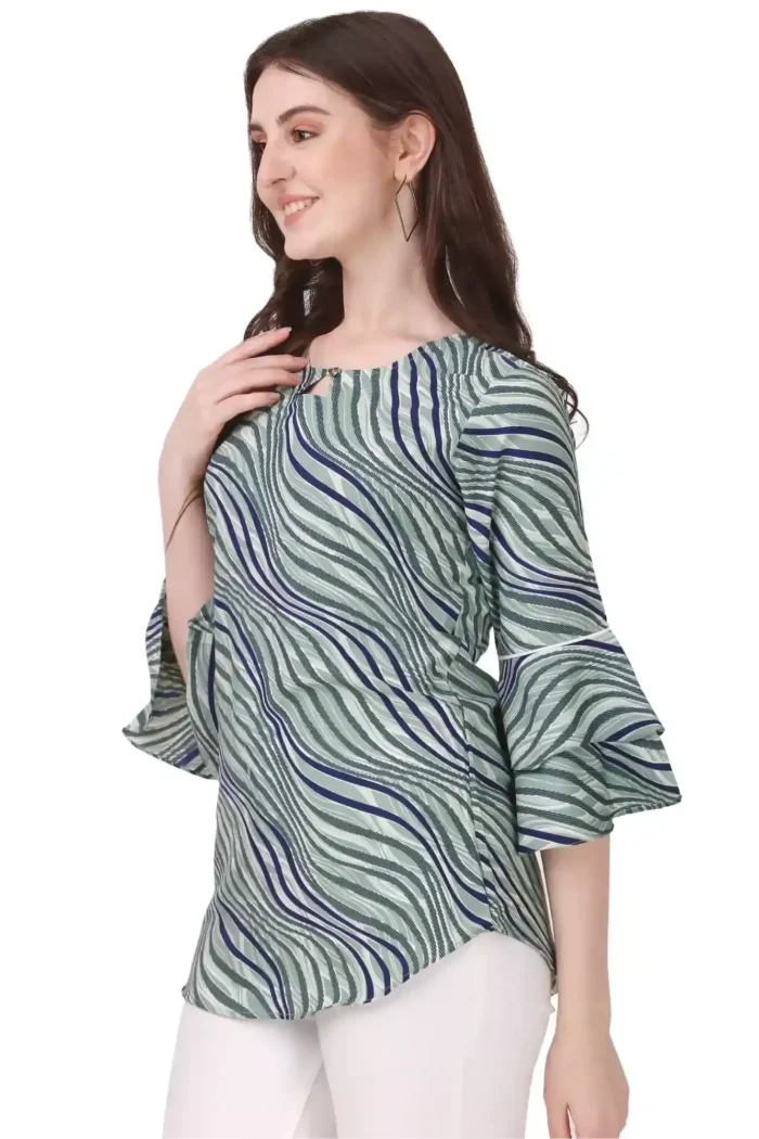 zelzis women crepe stripe green tunic tops with bell sleeve