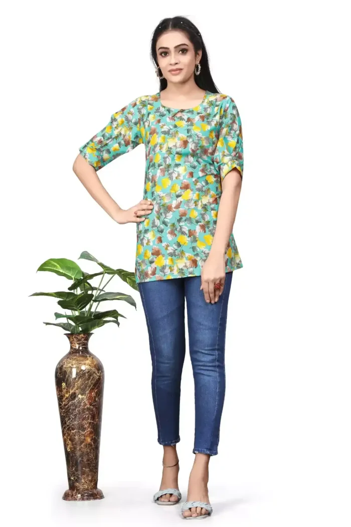 zelzis women crepe caneda floral light green regular tunic tops