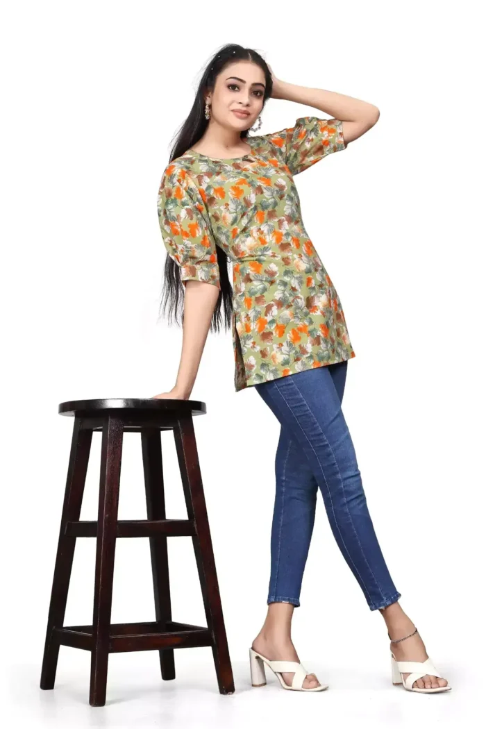 zelzis women crepe caneda floral yellow regular tunic tops