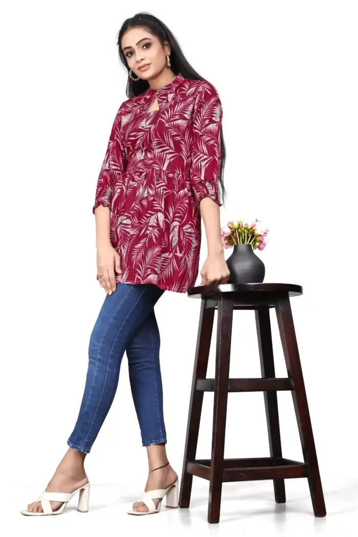 zelzis women rayon floral printed maroon stylish tops