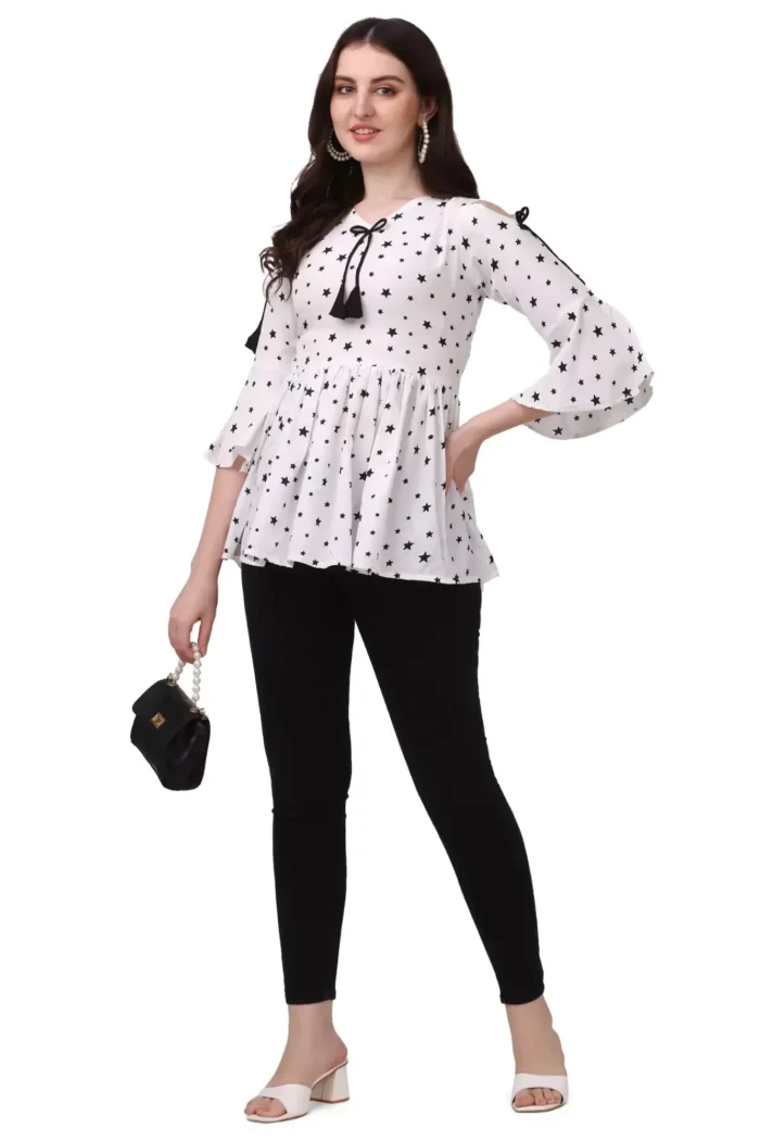 zelzis women crepe star print stylish cut out bell sleeve white tops