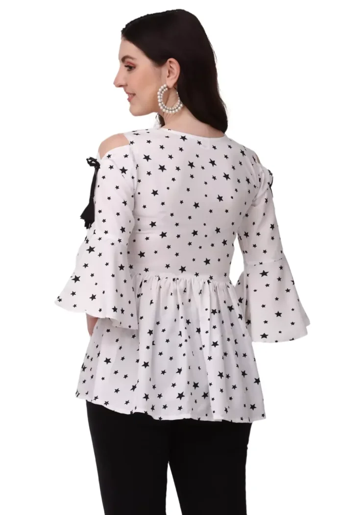zelzis women crepe star print stylish cut out bell sleeve white tops