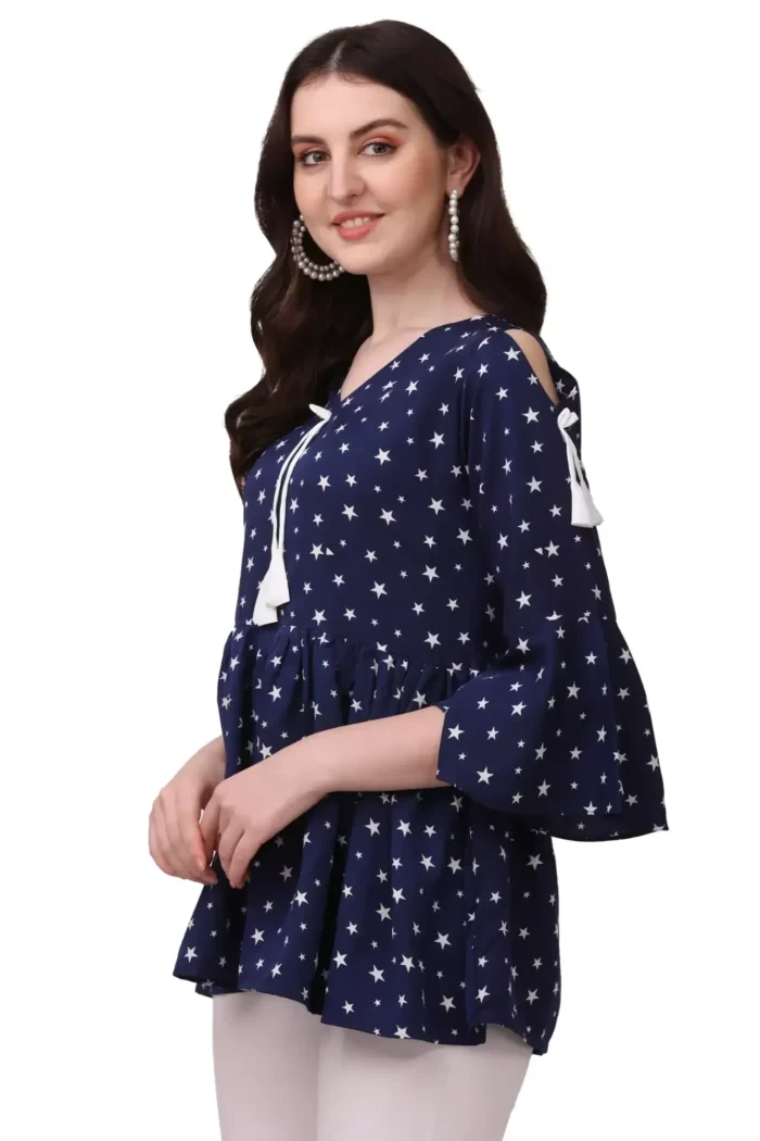 zelzis women crepe star print stylish cut out bell sleeve blue tops