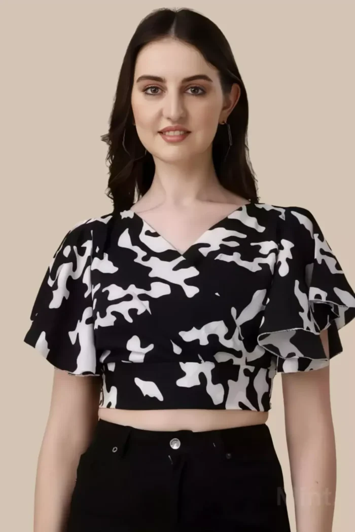 zelzis women crepe floral printed flared sleeve black crop tops