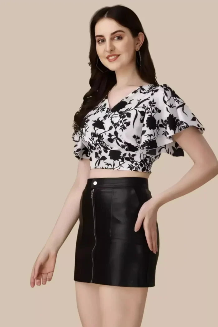 zelzis women crepe floral printed flared sleeve white crop tops