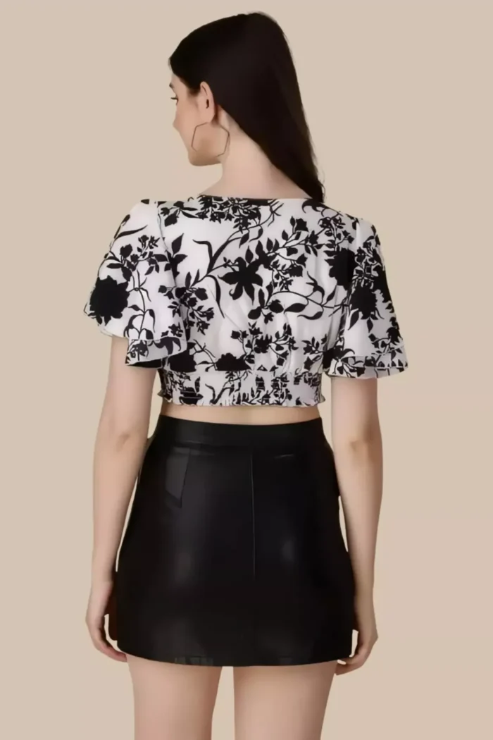 zelzis women crepe floral printed flared sleeve white crop tops