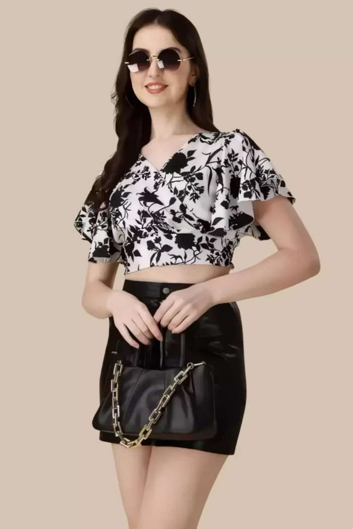 zelzis women crepe floral printed flared sleeve white crop tops