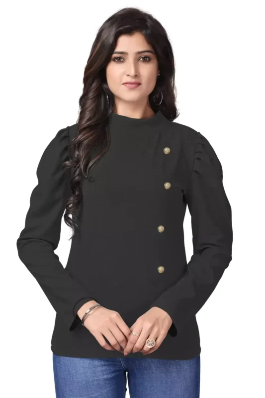 zelzis women polyester puff sleeve black regular t shirts