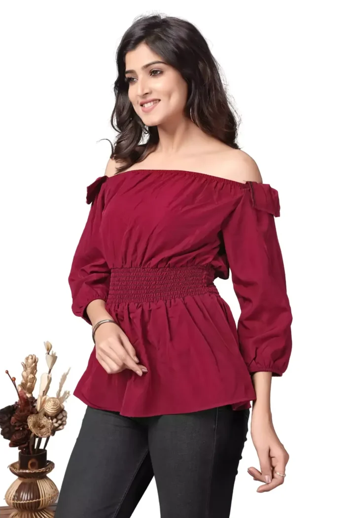 zelzis women crepe stylish new maroon ruffel off shoulder tops