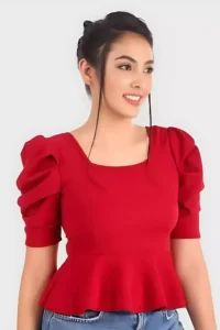 zelzis women polyester puff sleeve latest red tops