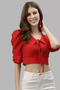 zelzis women polyester stylish red crop top with tie-up coller