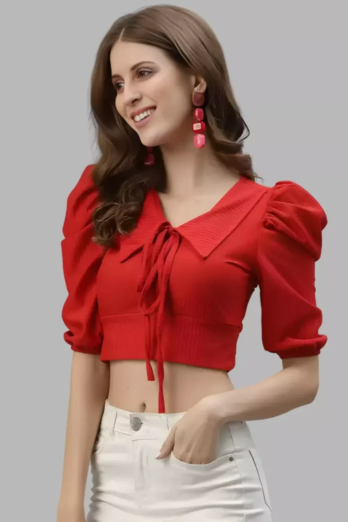 zelzis women polyester stylish red crop top with tie-up coller