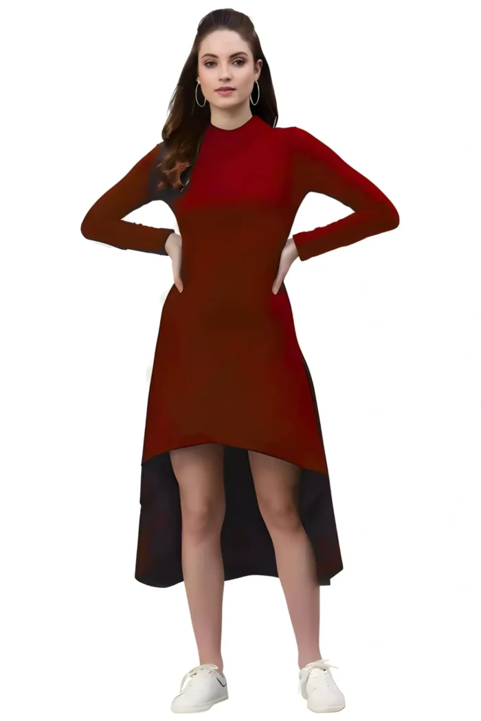 zelzis women polyester maroon high low bodycon dress with round neck