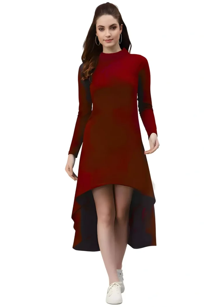 zelzis women polyester maroon high low bodycon dress with round neck