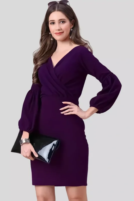 zelzis women polyester party wear purple v neck bodycon dress