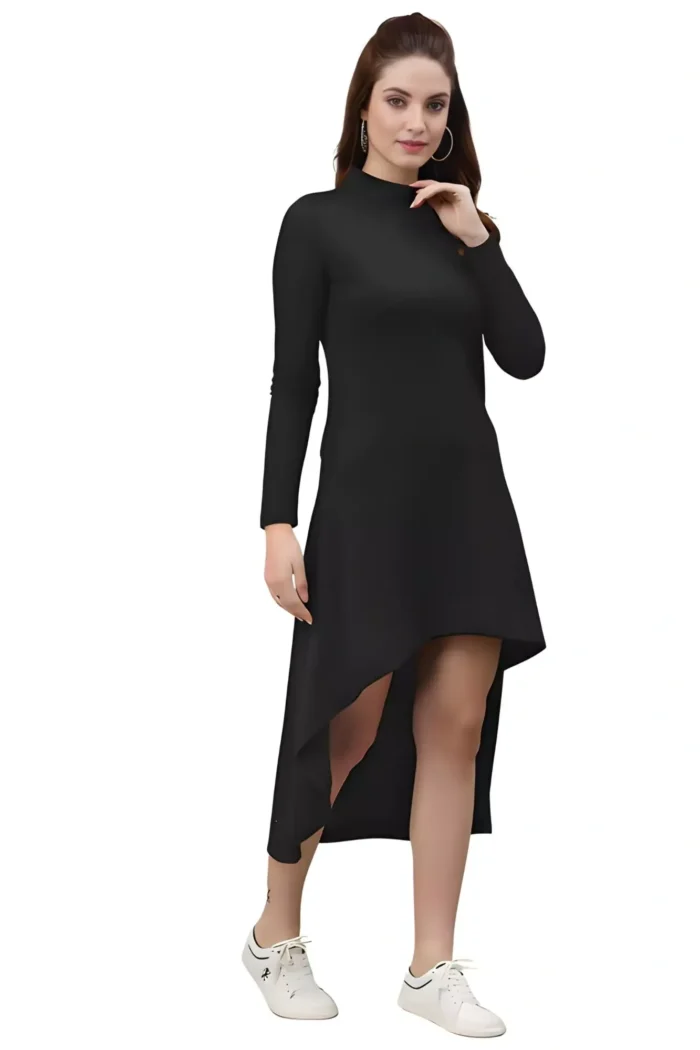 zelzis women polyester black high low bodycon dress with round neck