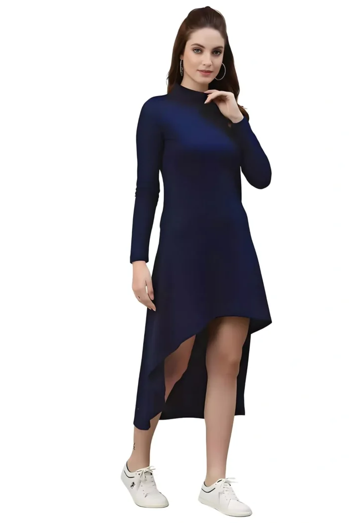zelzis women polyester blue high low bodycon dress with round neck