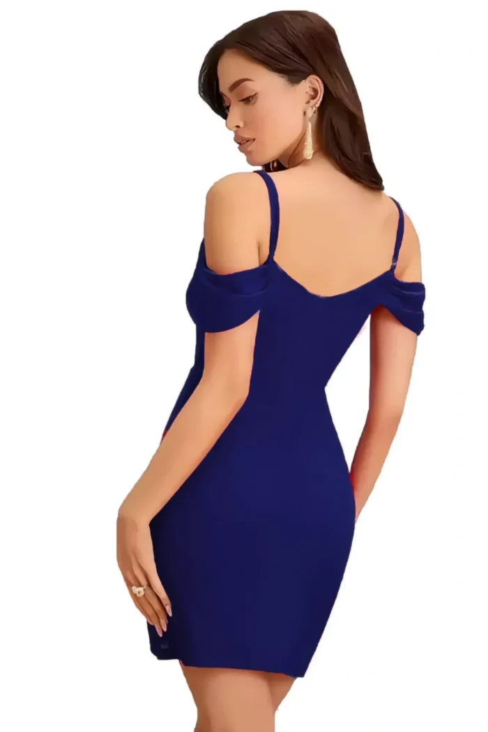 zelzis women polyester shoulder strap blue bodycon dress