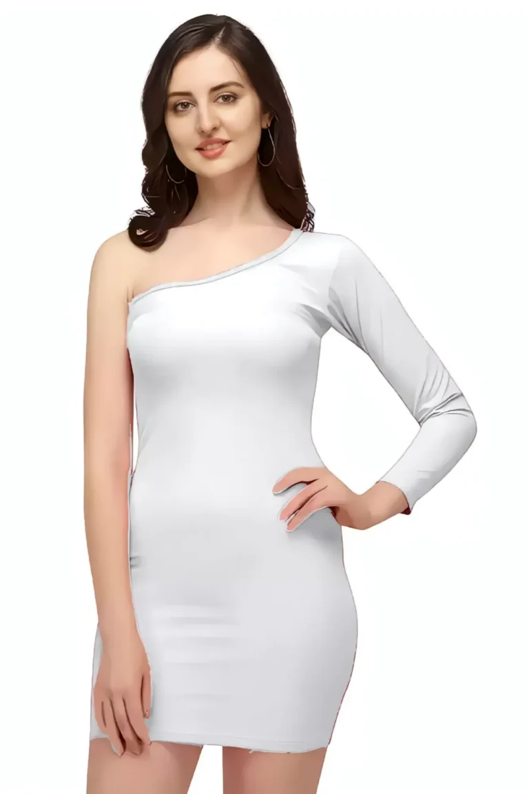 zelzis women polyester one shoulder party wear white bodycon dress