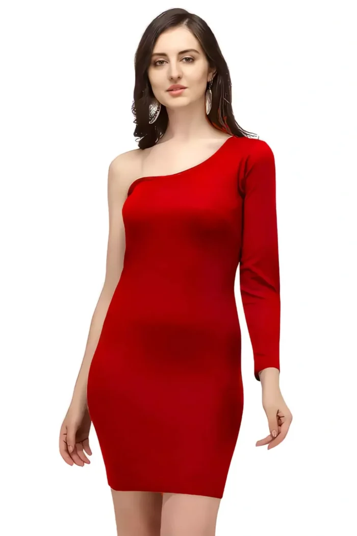 zelzis women polyester one shoulder party wear red bodycon dress