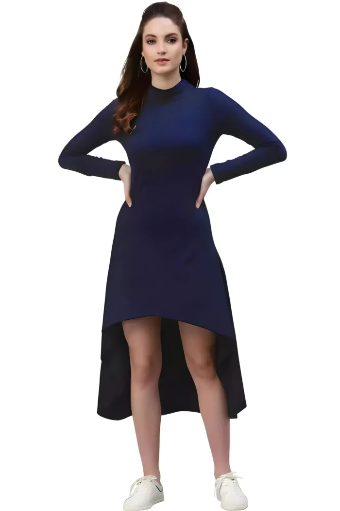 zelzis women polyester blue high low bodycon dress with round neck