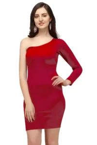 zelzis women polyester one shoulder party wear red bodycon dress