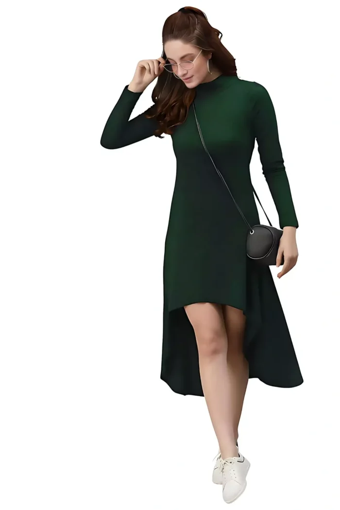 zelzis women polyester green high low bodycon dress with round neck