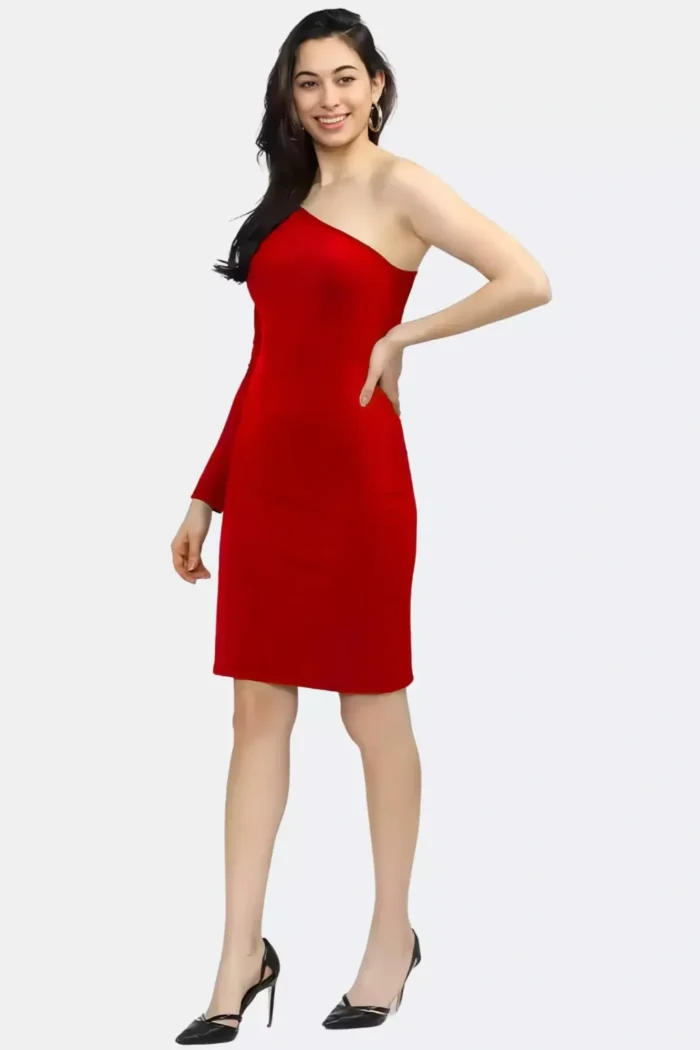zelzis women polyester one shoulder red bodycon dress