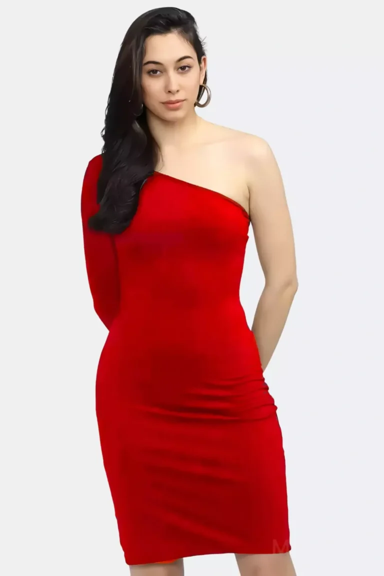 zelzis women polyester one shoulder red bodycon dress