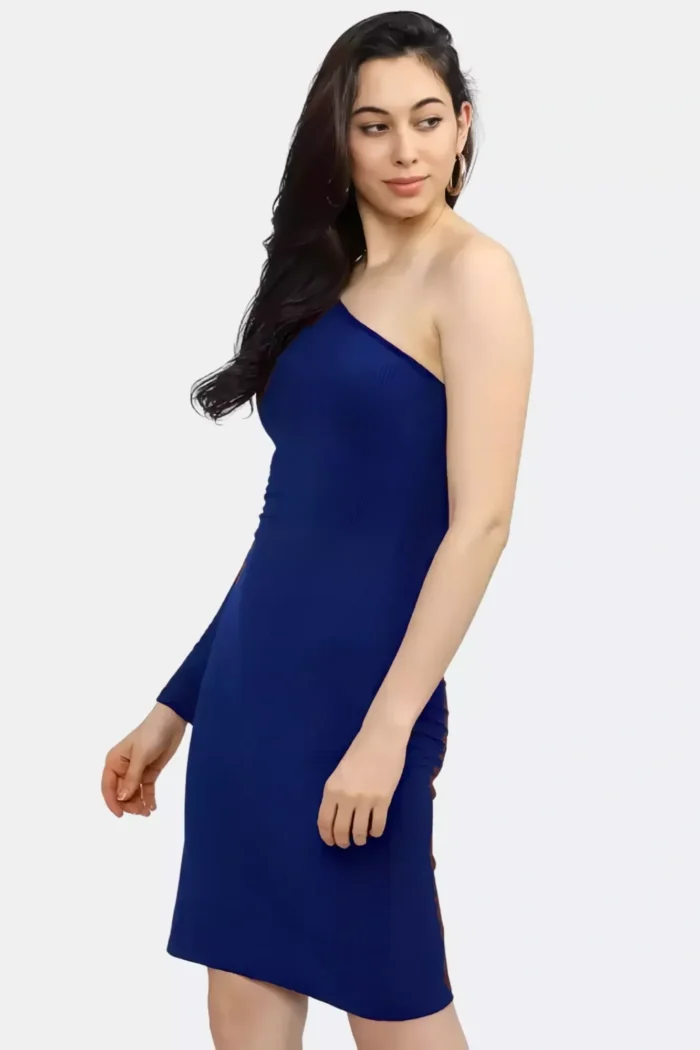 zelzis women polyester one shoulder blue bodycon dress