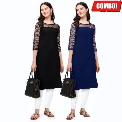 ZELZIS Fashion online Shopping Women Blue & Black A-Line Straight Daily Wear Crepe Combo Kurtis