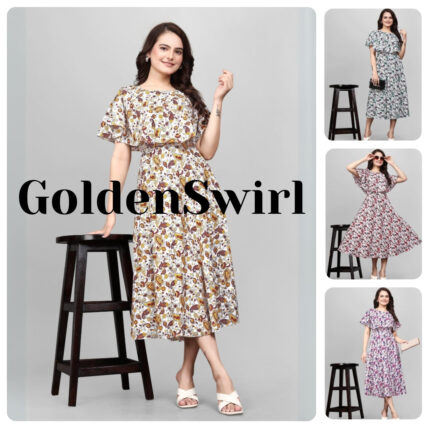 Women Floral Maxi Dresses | Crepe Fabric | Round Neck | Flared Sleeves | Festival & Party Wear Gown