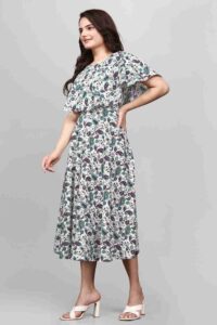 Beautiful Green Mango Floral Dress with Flared Sleeves by Zelzis