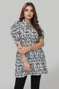 Black Floral Ruffle Collar Crepe Top with Tie-Up Neck for Women by ZELZIS